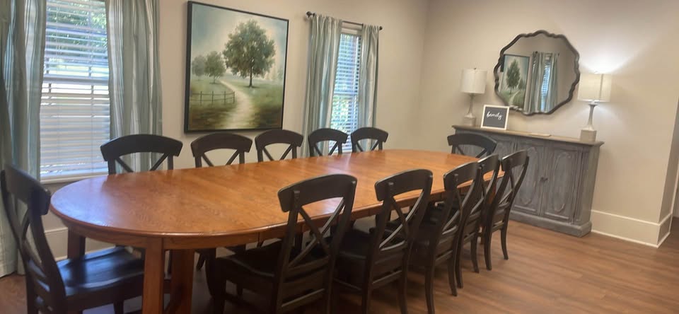 The dining room set for a meal